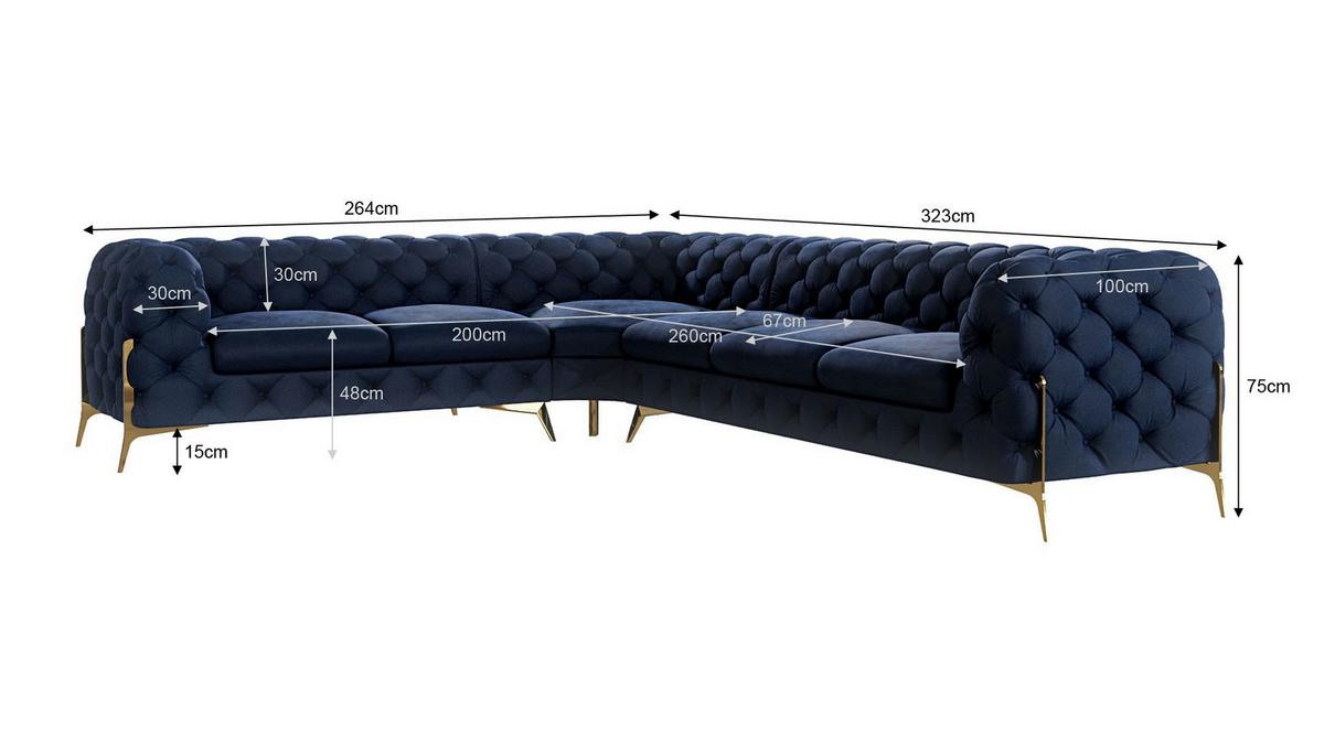 ECKSOFA Chesterfield Lexi Marineblau Samt, langer Schenkel rechts - Goldfarben/Dunkelblau, Holz/Textil (323/264cm) - S-Style Möbel