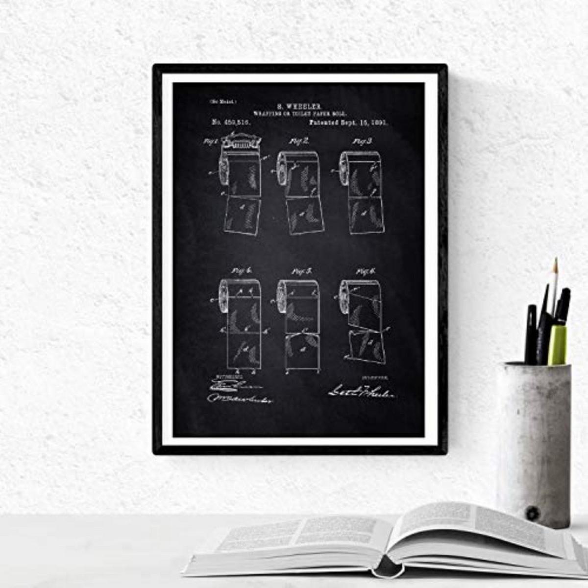 POSTER Set mit 4 Schwarz Badezimmer Patent A4 Schwarzer Rahmen - Schwarz, Papier (29.7/3cm) - Nacnic