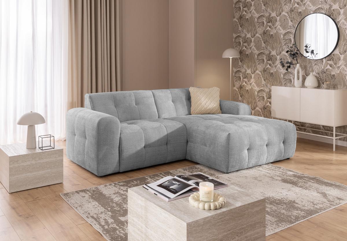 ECKSOFA mit Ottomane rechts, raffinierten Steppungen, Wellenunterfederung, B234/T161/H79 cm, Chenille-Bezug in Hellgrau / 21043 - Hellgrau/Schwarz, Kunststoff/Textil (234/79/161cm) - luma-home