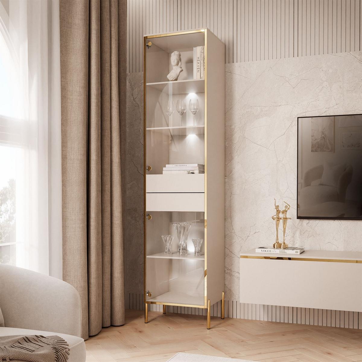 VITRINE AURORA in Kaschmir mit LED-Beleuchtung mit gerade Goldchrom Fuße - Kaschmir/Goldfarben, Holzwerkstoff/Metall (45/195/40cm) - Lookway