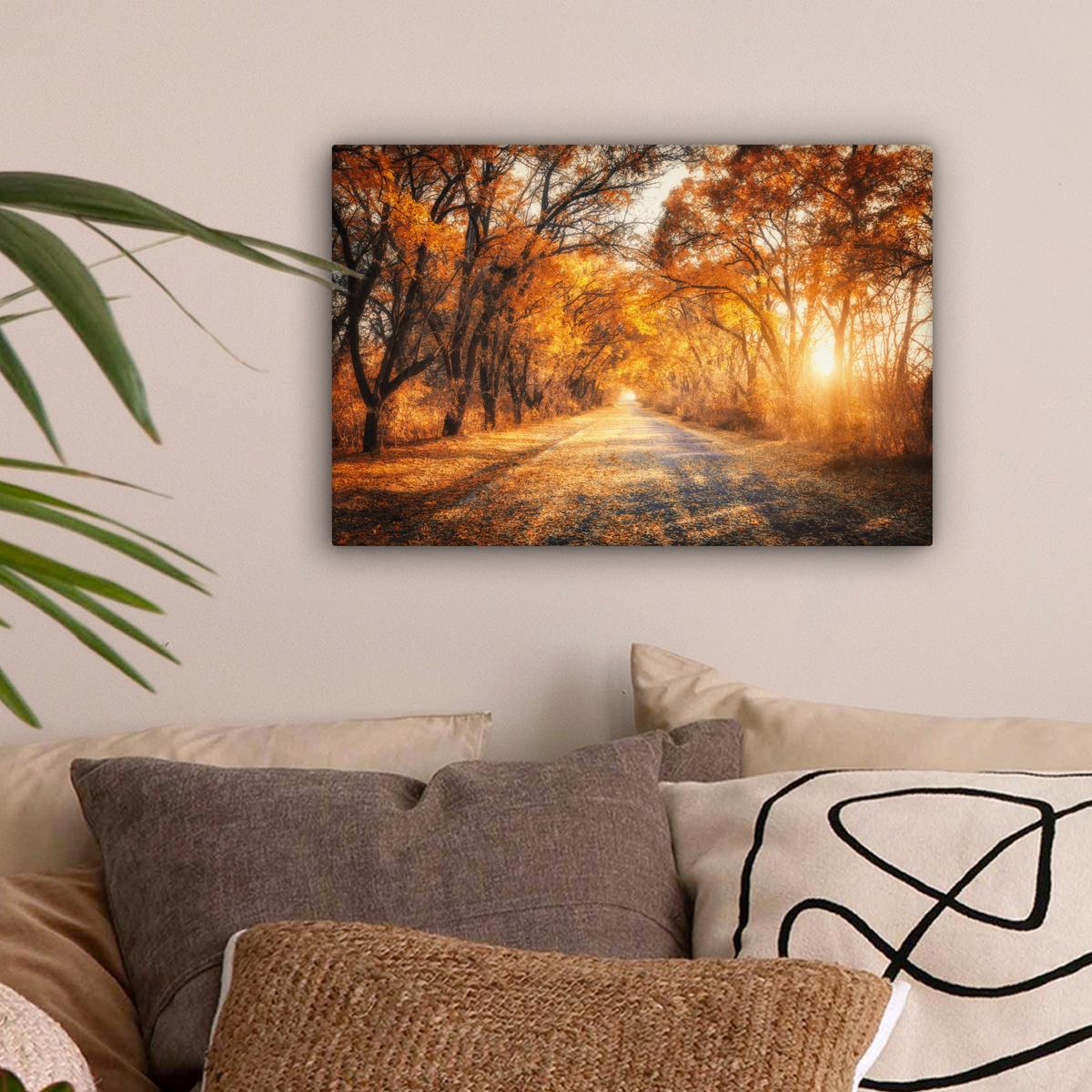 LEINWANDBILD Wald - Herbst - Bäume - Waldweg - Natur Deko Schlafzimmer 30x20 cm - Bernsteinfarben, Textil (30/20cm) - MuchoWow