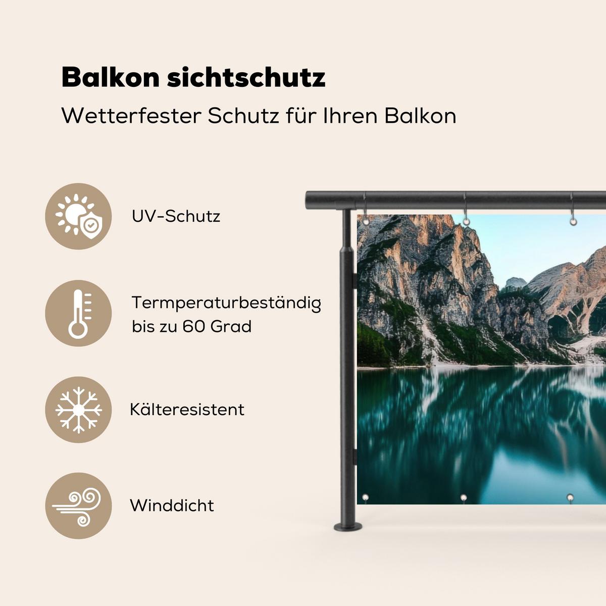 BALKON-SICHTSCHUTZ See - Berge - Sonnenuntergang - Boot Balkon Deko 300x110 cm - Petrol, Kunststoff (300/110cm) - MuchoWow