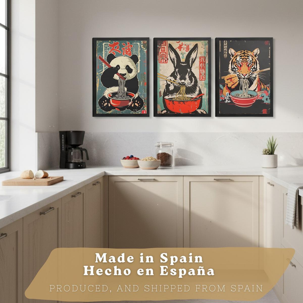 POSTER 3er Set Japanische Ramen Tier-Wandbilder Panda Tiger und Hase Nudeln Vintage Küche Wanddeko Schwarzer Rahmen A3 - Schwarz, Papier (29.7/1/42cm) - Nacnic
