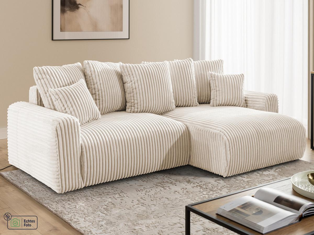 ECKSOFA Calma mit Schlaffunktion und Bettkasten im Bumpy-Design aus weichem Creme Plüschcord - Ottomane rechts - Creme/Schwarz, Holz/Kunststoff (140/239cm) - S-Style