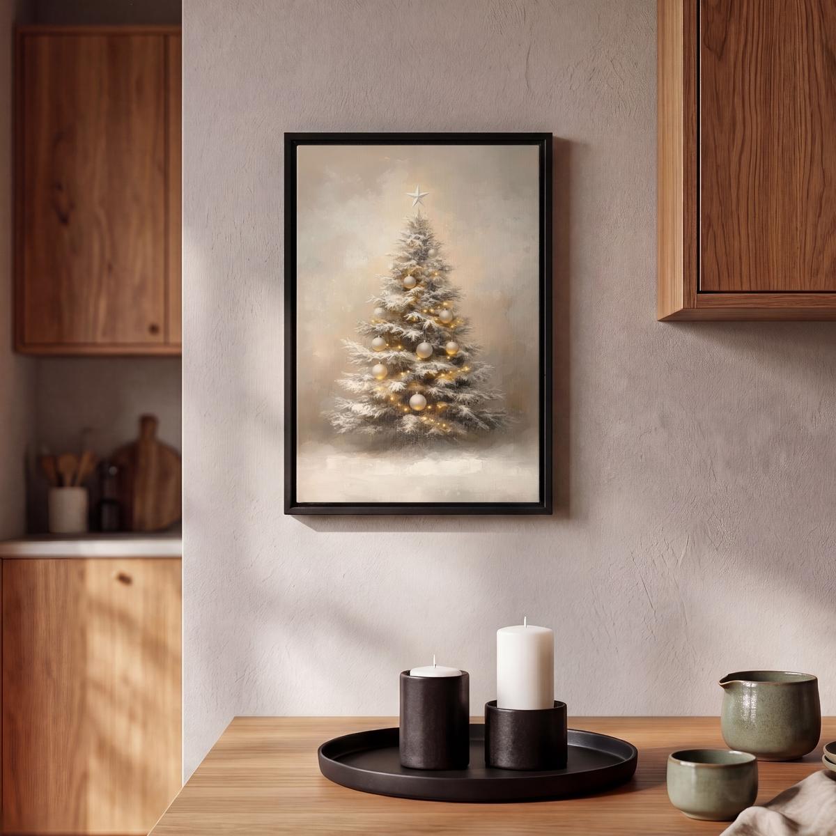 LEINWAND Bilder mit Rahmen - Weihnachten - Weihnachtsbaum - Schnee - Kunst - 20x30 - Champagner, Textil (20/30cm) - MuchoWow