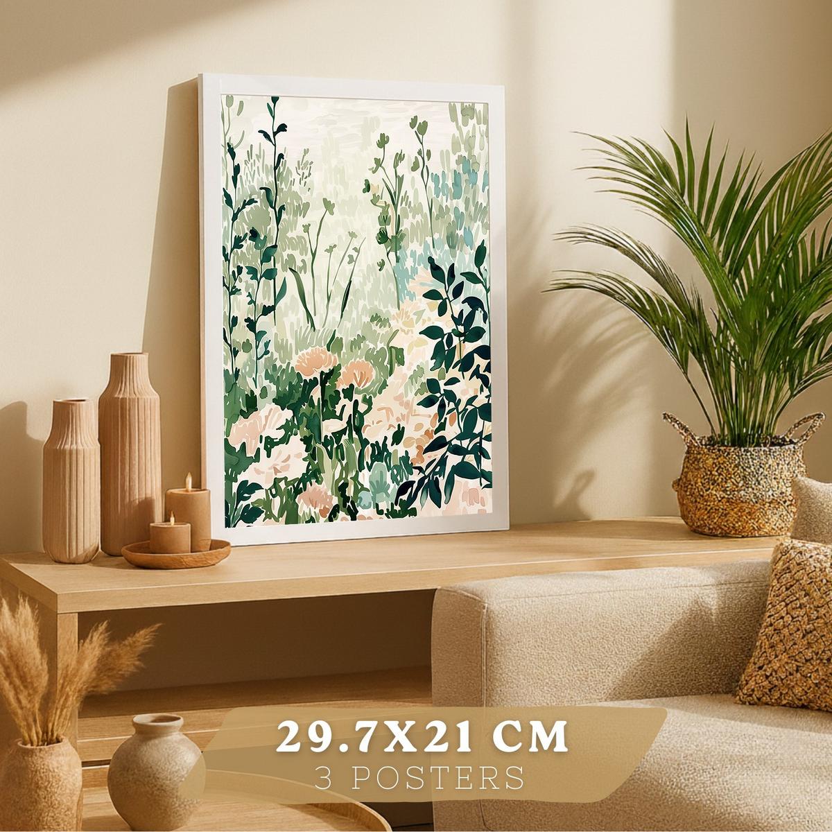 POSTER 3er-Set Wandbilder Floral Landschaft modern Wohnzimmer Deko, Schlafzimmer, Küche, Badezimmer Weißer Rahmen A3 - Weiß, Papier (29.7/1/42cm) - Nacnic