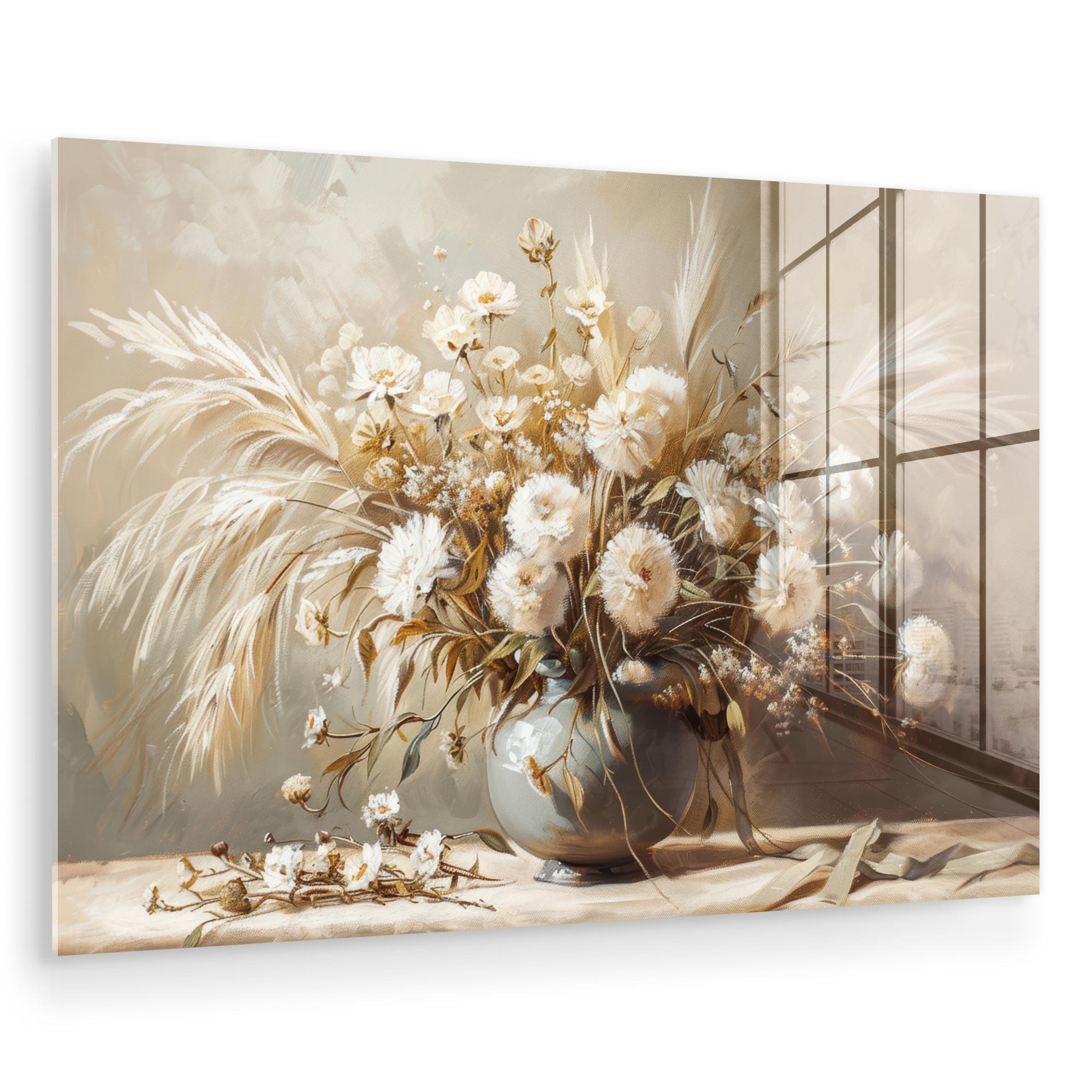ACRYLGLASBILD Blumen - Vase - Stilleben - Beige Wandbild Schlafzimmer 120x80 cm - Creme, Glas (120/80cm) - MuchoWow