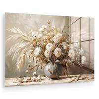 ACRYLGLASBILD Blumen - Vase - Stilleben - Beige Wandbild Schlafzimmer 120x80 cm - Creme, Glas (120/80cm) - MuchoWow