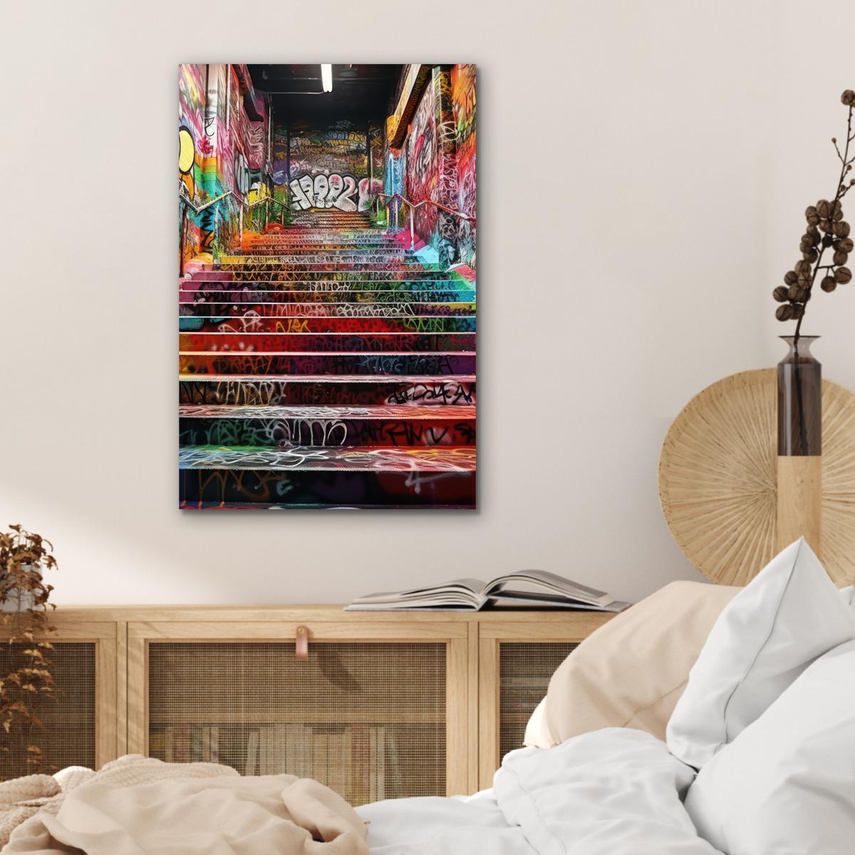 METALLBILD Treppe - Graffiti - Farben - Kunst Deko Schlafzimmer 40x60 cm - Multicolor, Metall (40/60cm) - MuchoWow