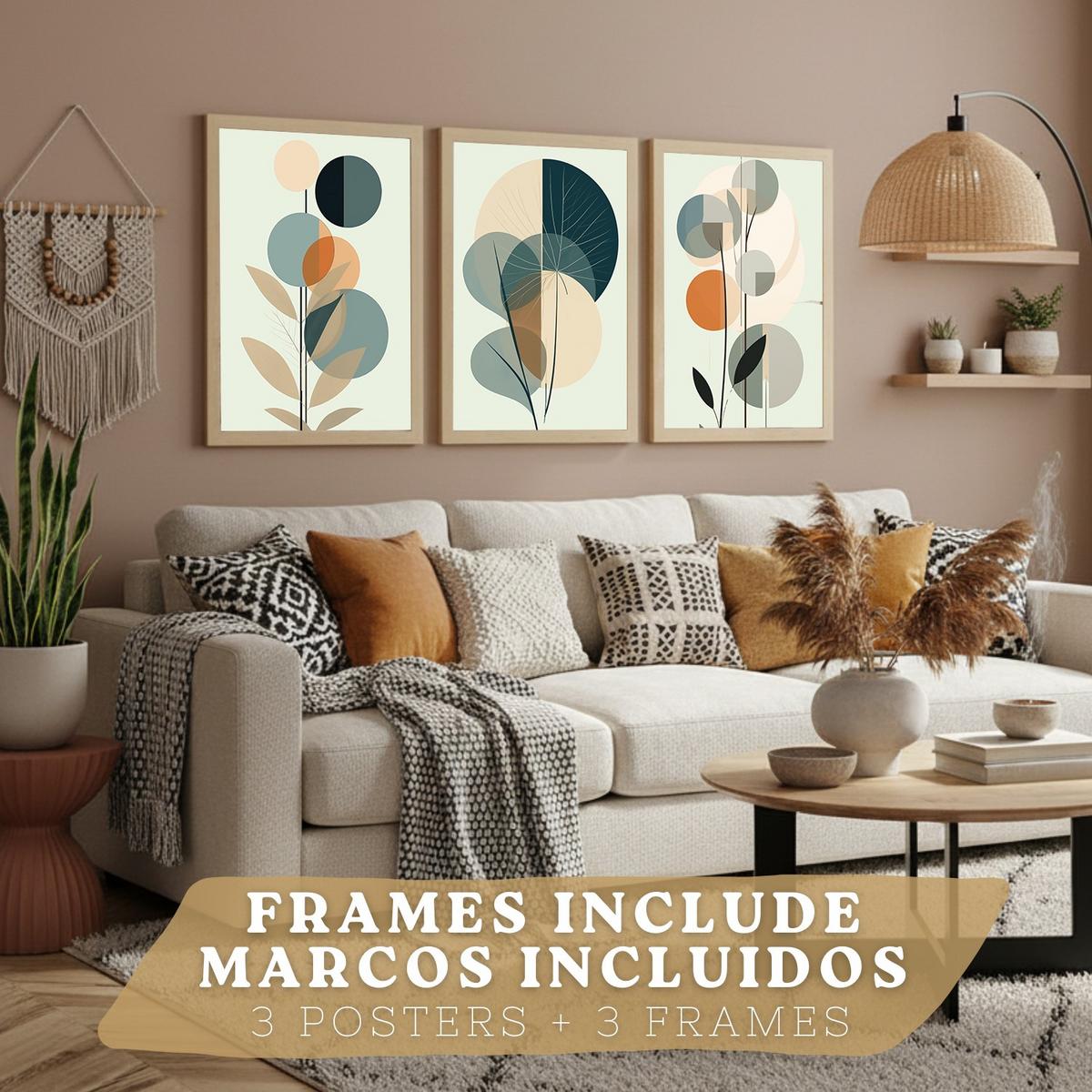 POSTER 3er Kunstdruck-Set Wandbilder Floral Abstrakt Blau Grün modern Wohnzimmer Deko, Schlafzimmer, Küche, Badezimmer Rahmenlos A3 - Beige, Papier (29.7/1/42cm) - Nacnic