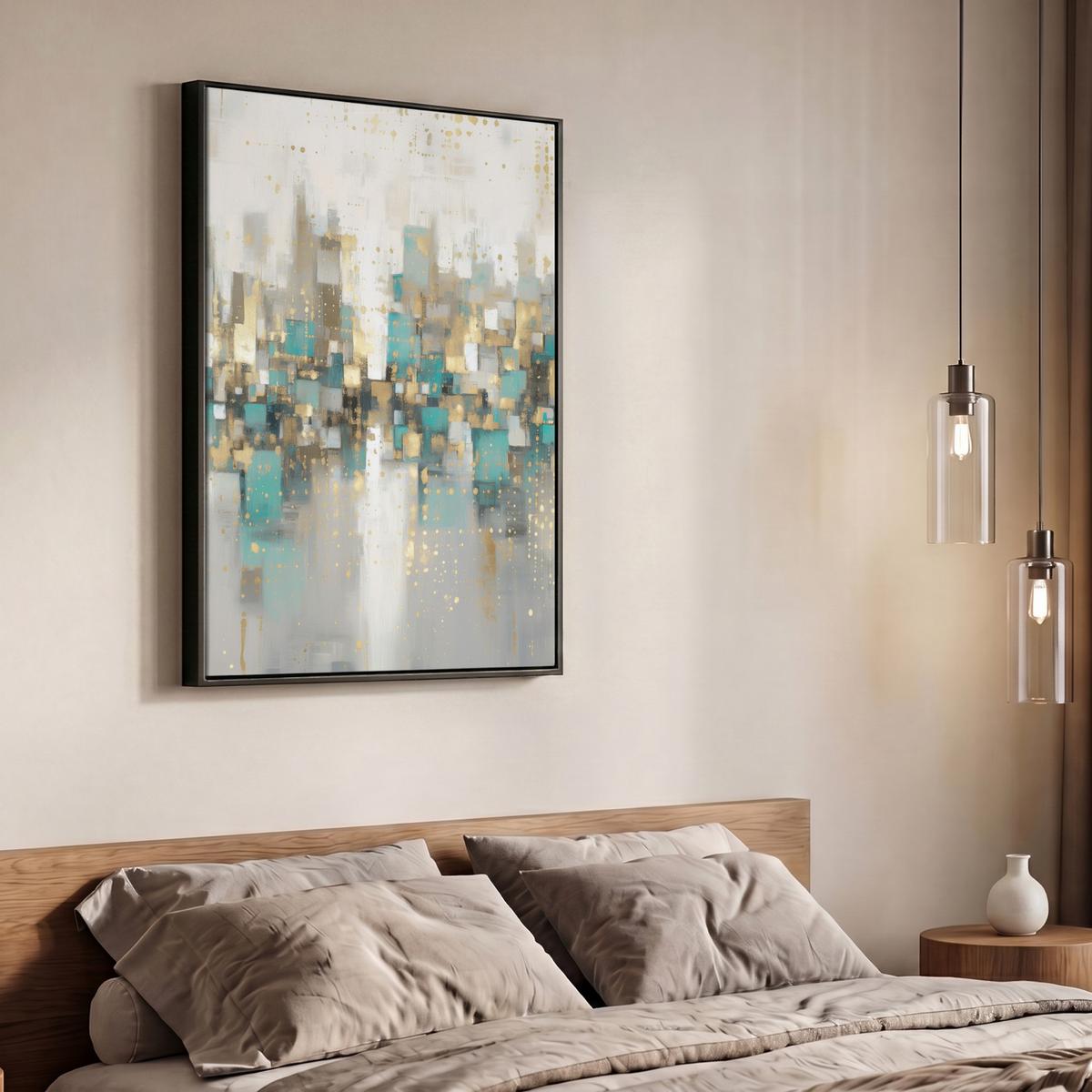 LEINWAND Bilder mit Rahmen - Abstrakt - Blöcke - Gold - Skyline - 70x100 - Beige, Textil (70/100cm) - MuchoWow