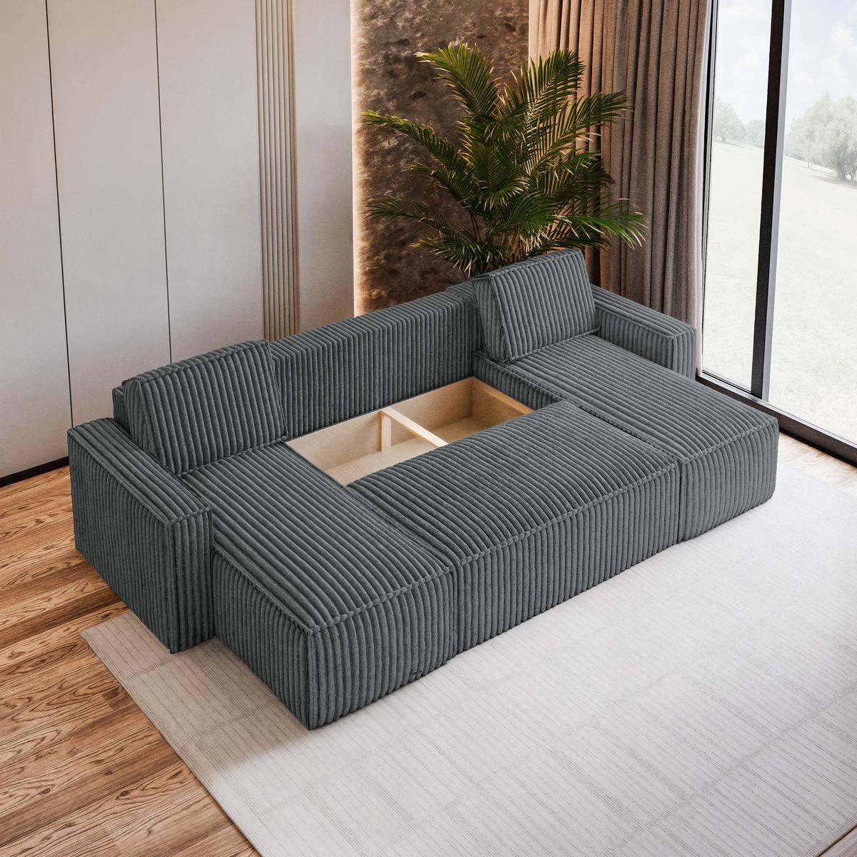 WOHNLANDSCHAFT PESANO T Grau Kordstoff mit Schlaffunktion - Grau, Holz/Kunststoff (306/85/140cm) - MASSENO