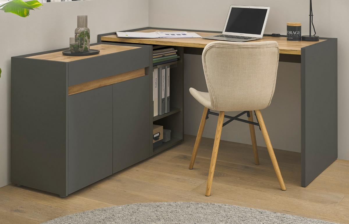 SCHREIBTISCHKOMBINATION 2-teilig grau matt, Eiche Wotan 143 cm, Büromöbel Set mit Bürocontainer - Eiche Wotan/Schwarz, Holzwerkstoff/Kunststoff (62/143/76cm) - Furn.Design
