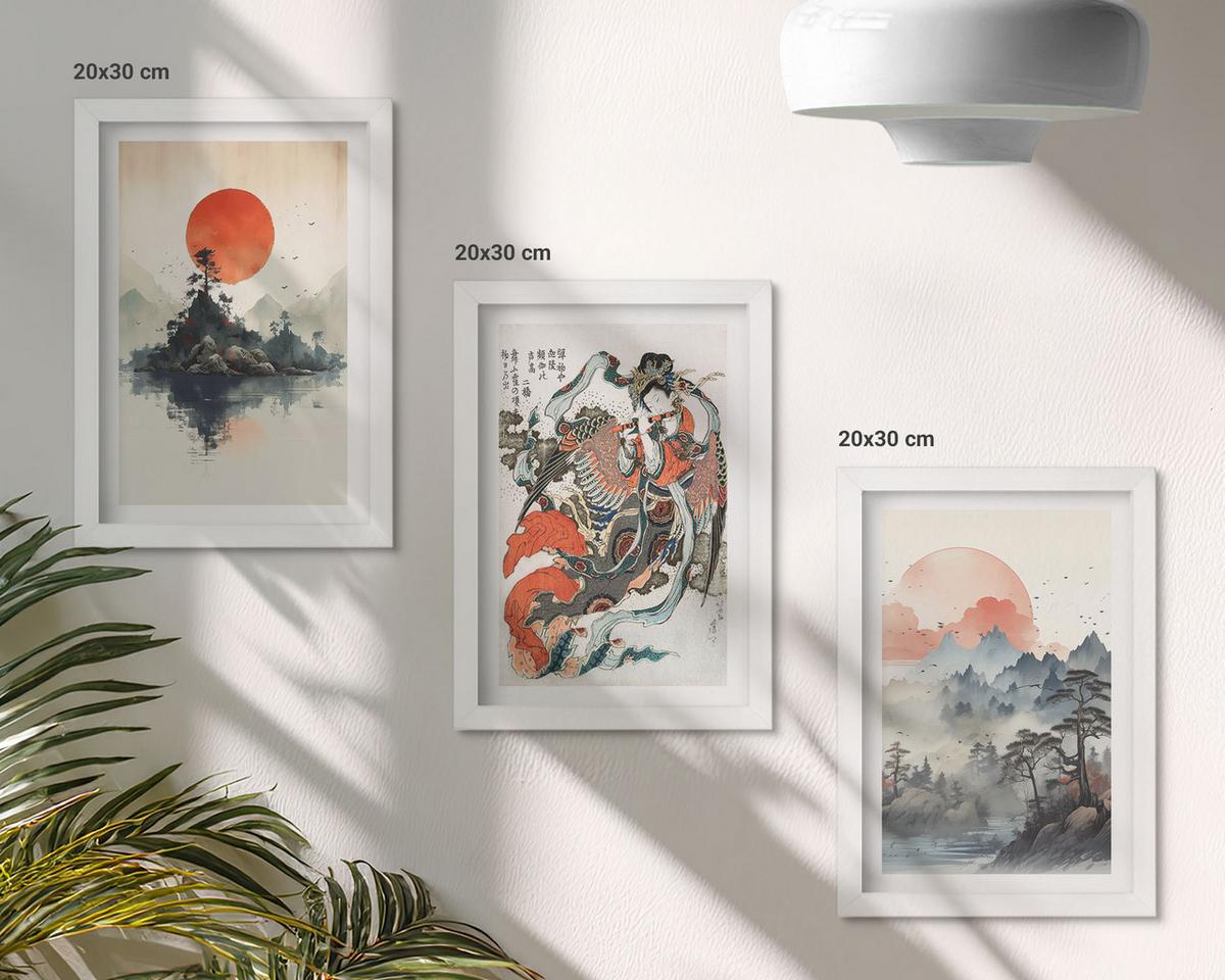 BILDER SET 3er Set - 20x30 cm Weißer Rahmen - Asiatische Japandi-Malereien - Weiß, Kunststoff (20/30cm) - TULUP