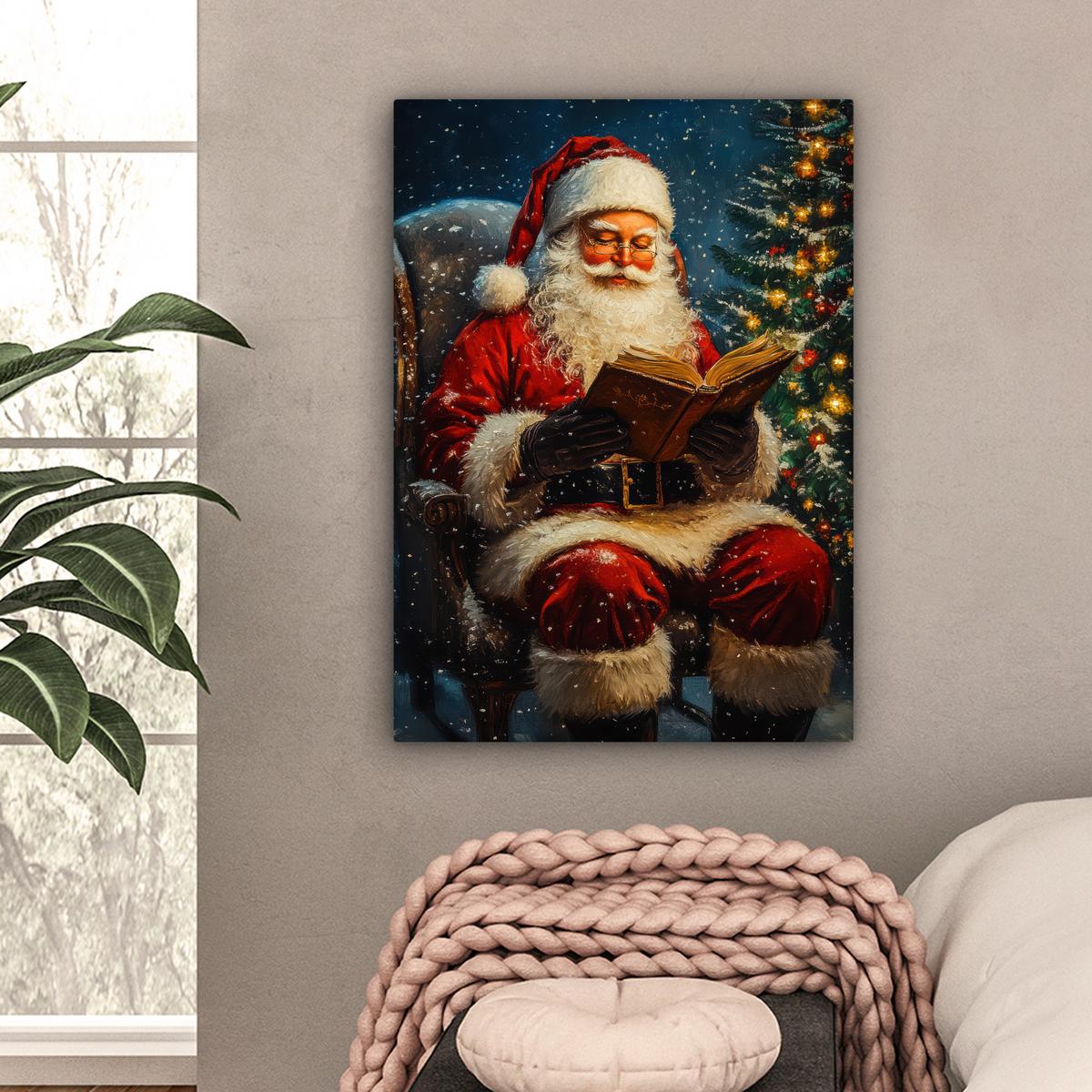 LEINWANDBILD Weihnachtsmann - Weihnachten - Winter - Weihnachtsbaum Wandbild Wohnzimmer 60x80 cm - Bordeaux, Textil (60/80cm) - MuchoWow