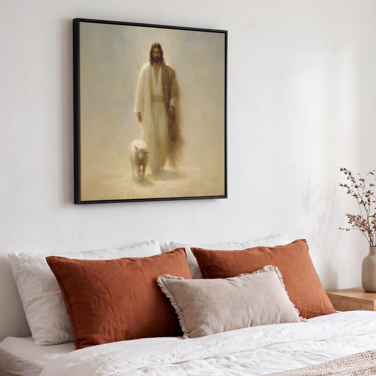 LEINWAND Bilder mit Rahmen - Schaf - Jesus - Pinselstriche - Abstrakt - 50x50 - Beige, Textil (50/50cm) - MuchoWow