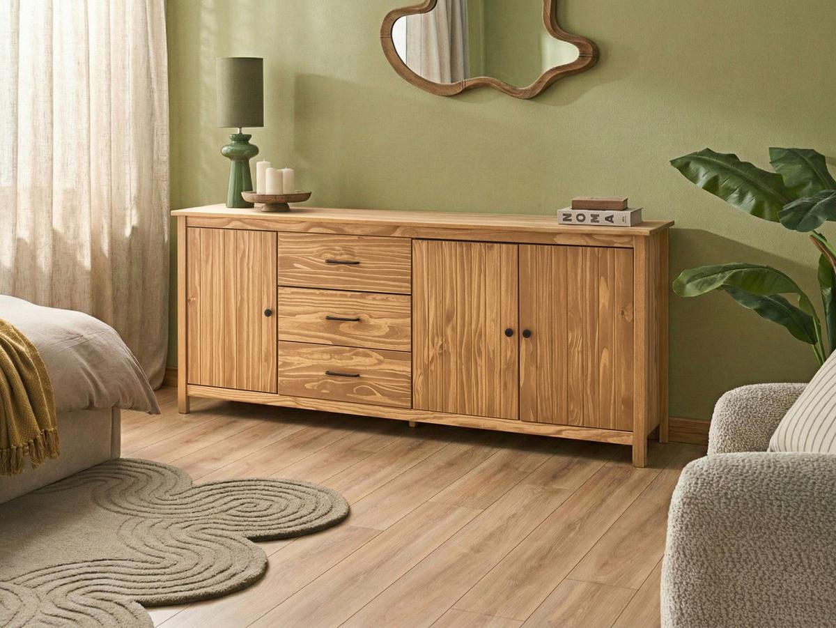 SIDEBOARD mit 3 Türen Kiefernholz Hellbraun Leonora - Hellbraun, Holz (190/80/40cm) - Beliani