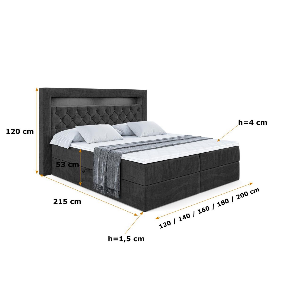 BOXBETT LED mit H3-Matratze und Lattenrost - NOEL GOLD - 140x200 Schwarz - Schwarz, Holzwerkstoff (140/200cm) - ALTDECOR