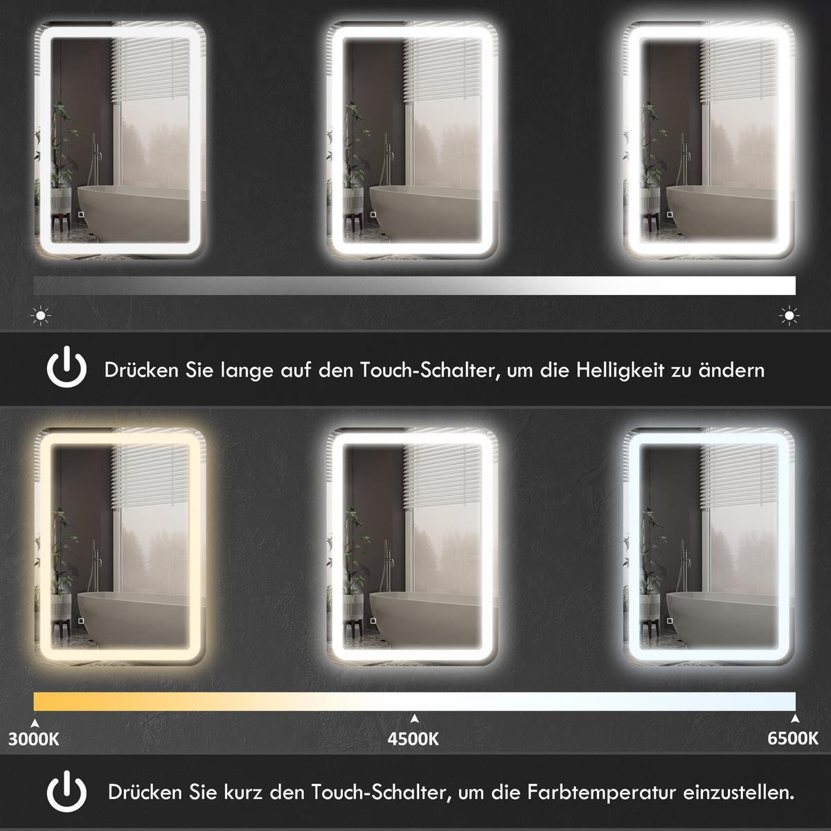 BADSPIEGEL, 50 x 70 cm LED Badezimmerspiegel mit 3 Lichtfarben, Touch-Schalter - Silberfarben, Glas (50/4/70cm) - HOMCOM