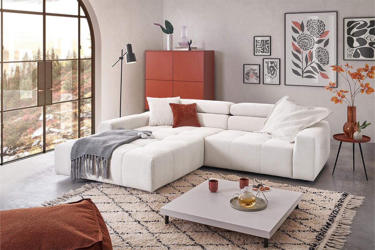 ECKSOFA MIT MOTORISCHEM SITZVORZUG RENO Weiß Cord Relaxfunktion - Schwarz/Weiß, Kunststoff/Textil (258/217cm) - KAWOLA