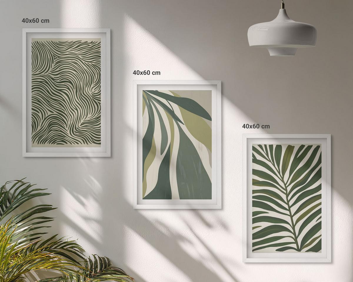 BILDER SET 3er Set - 40x60 cm Weißer Rahmen - Blätter mit wellenförmigen grünen Linien - Weiß, Kunststoff (40/60cm) - TULUP
