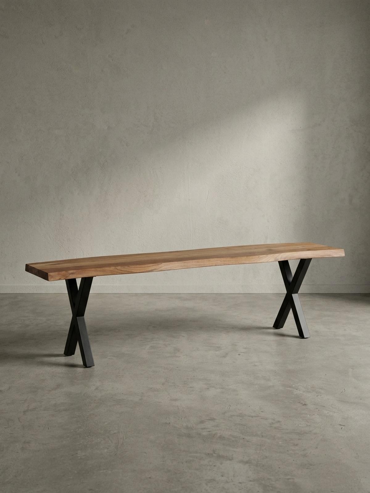 ESSZIMMERBANK Massivholz Metall Baumkante X-Beine, Akazie 160x40x46 cm - Schwarz/Braun, Holz/Metall (160/46/40cm) - KADIMA DESIGN