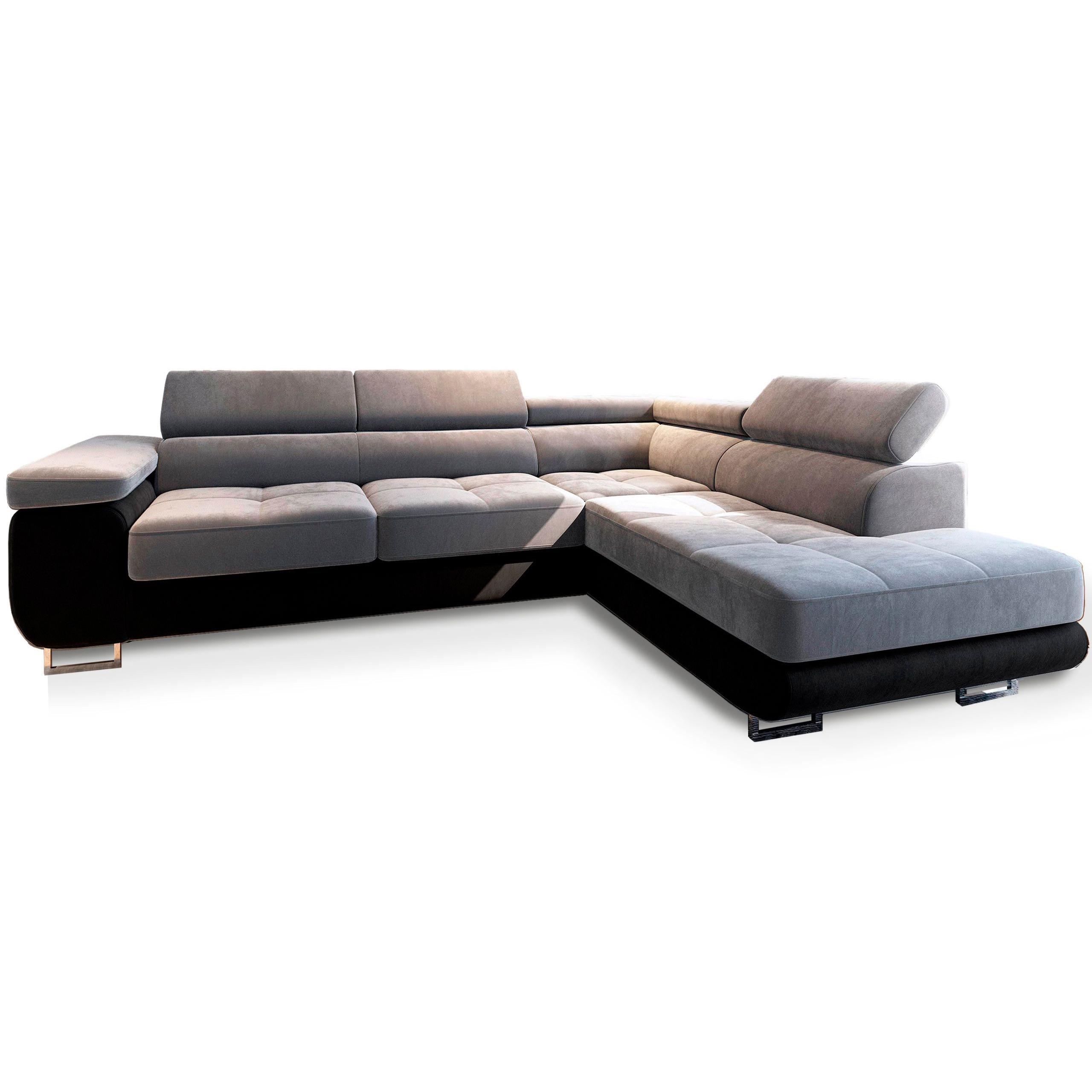 ECKSOFA SELVA Hellgrau+Schwarz Velours-Stoff mit Schlaffunktion - Hellgrau/Schwarz, Holz (277/202cm) - MASSENO