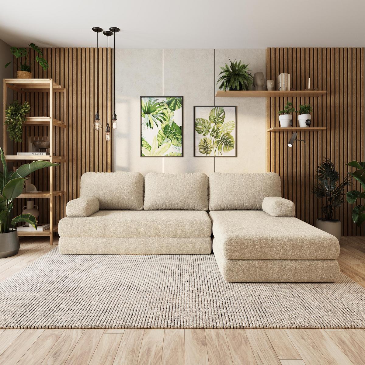 ECKSOFA LEA modulares Boneless Sofa mit Schlaffunktion Creme Boucle-Stoff - Creme, Textil (270/160cm) - MASSENO
