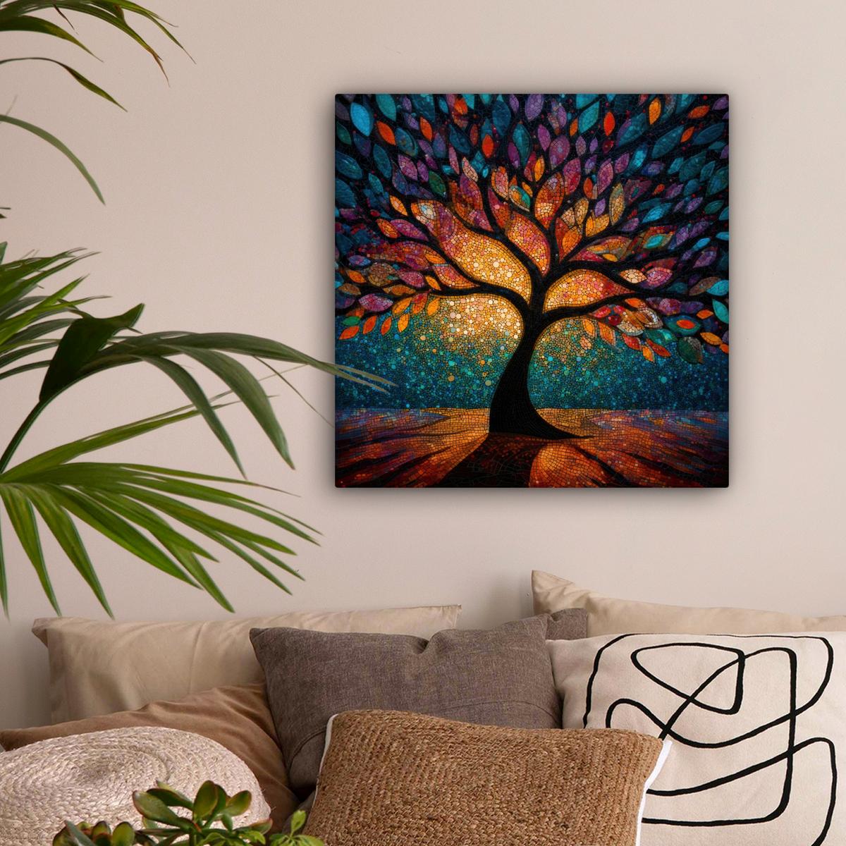 LEINWANDBILD Mosaik - Bunt - Baum - Äste Wandbild Wohnzimmer 50x50 cm - Multicolor, Textil (50/50cm) - MuchoWow