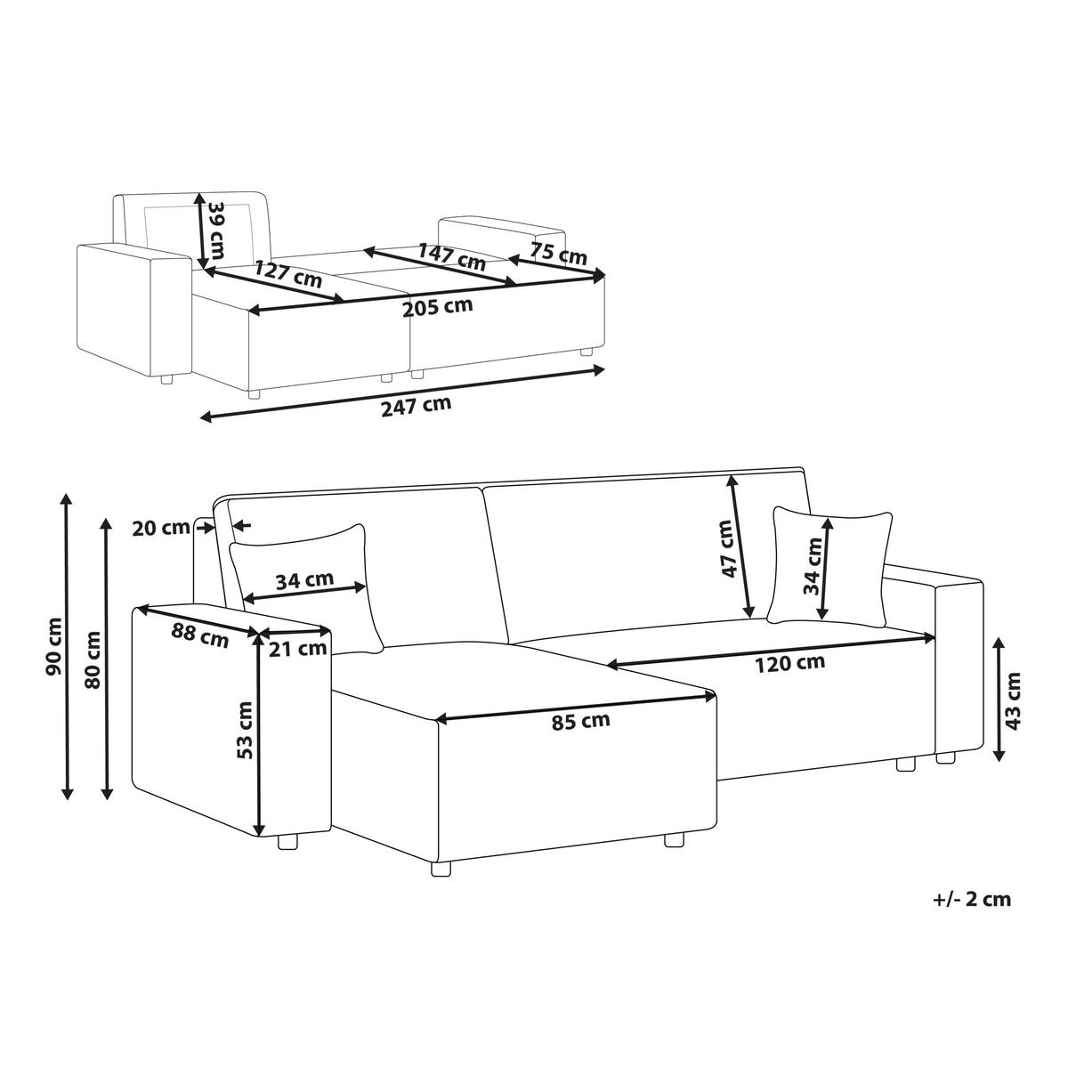 2-SITZER-ECKSOFA Cord cremeweiß linksseitig mit Schlaffunktion Abacka - Schwarz/Weiß, Textil (247/147cm) - Beliani