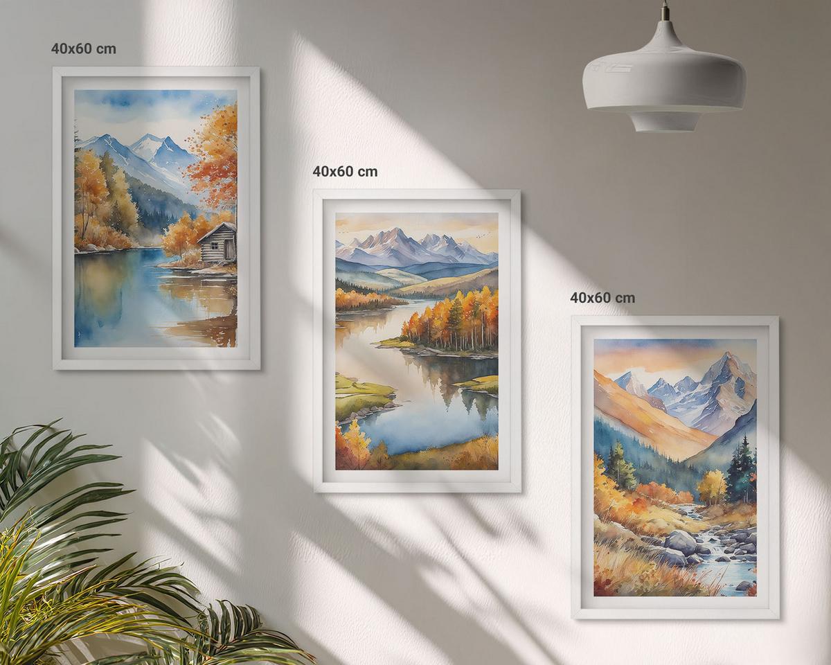 BILDER SET 3er Set - 40x60 cm Weißer Rahmen - Gebirgsflüsse, Herbstbäume - Weiß, Kunststoff (40/60cm) - TULUP