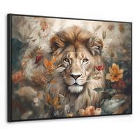 LEINWAND Bilder mit Rahmen - Löwe - Wildtiere - Pflanzen - Natur - Blumen - 100x70 - Beige, Textil (100/70cm) - MuchoWow
