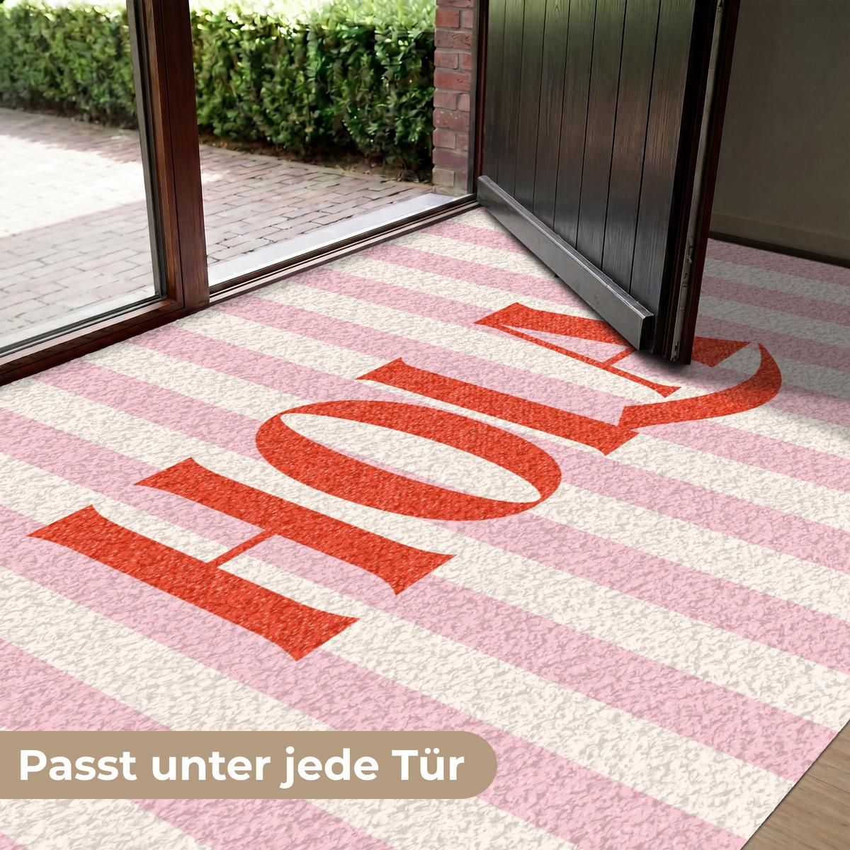 FUSSMATTE Hola - Zitat - Streifen - Pastell - Rosa - Rot - Weiß Schmutzfangmatte 180x120 cm - Rosa, Kunststoff (180/0.4cm) - MuchoWow