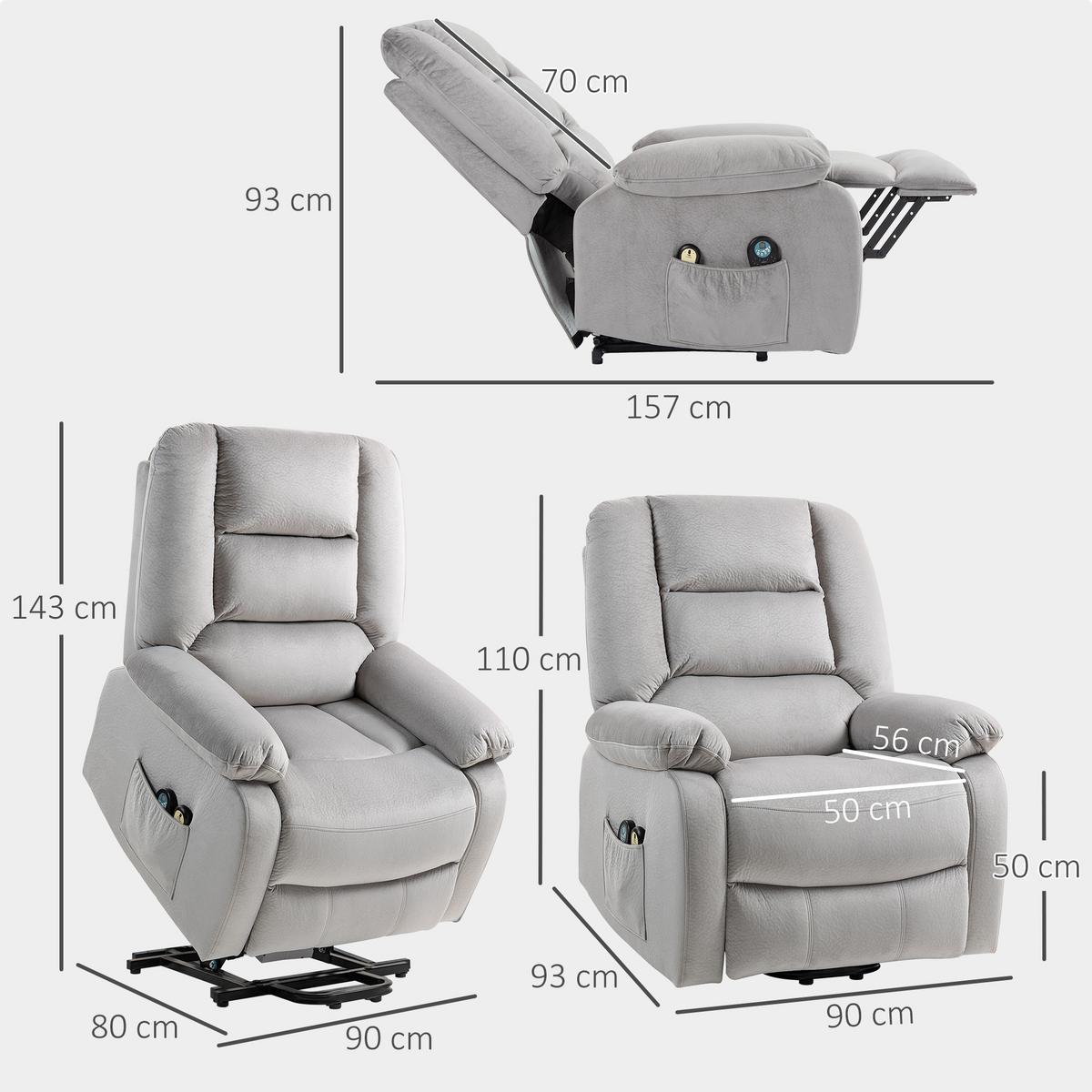ELEKTRISCHER-AUFSTEHSESSEL Polyester Schaumstoff Hellgrau - Hellgrau/Schwarz, Textil/Metall (90/110/93cm) - HOMCOM