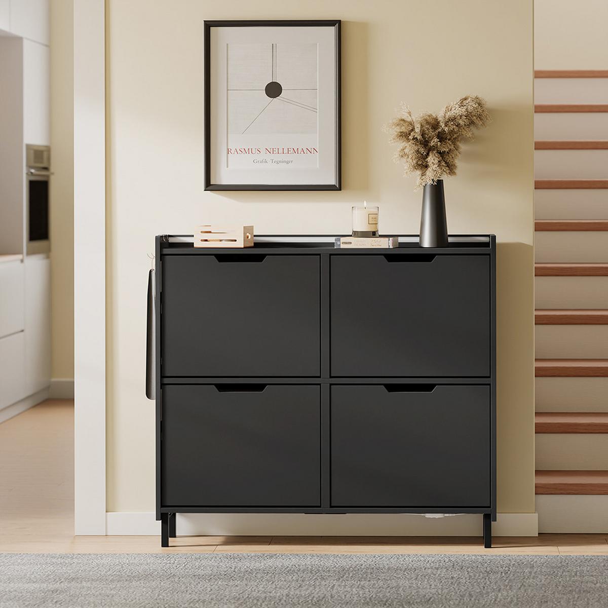 SCHUHSCHRANK 4 Türen Schwarz 100x19x93cm Modern - Schwarz, Holzwerkstoff (19/93/100cm) - SoBuy