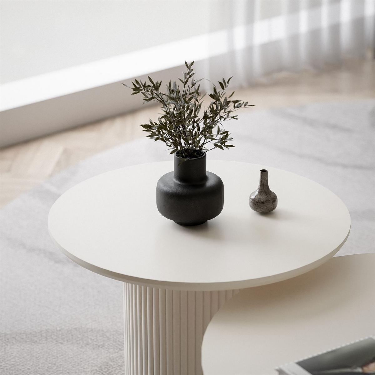 SET OVI Beistelltische mit geriffeltem Fuß Ivory - Creme, Holzwerkstoff (60/60/42cm) - Lookway