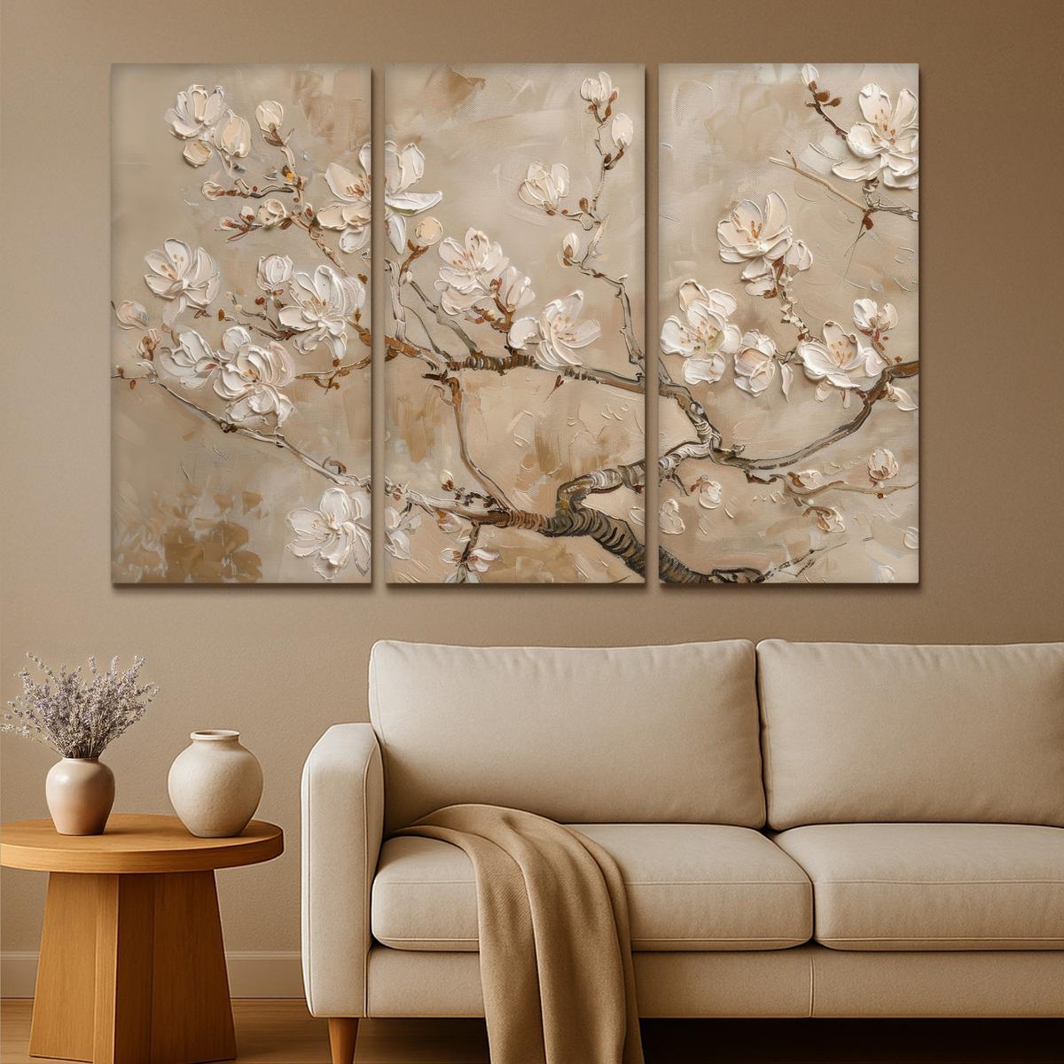 LEINWANDBILD 3er Set Beige - Blüte - Modern 180x120 cm - Beige, Textil (180/120cm) - MuchoWow