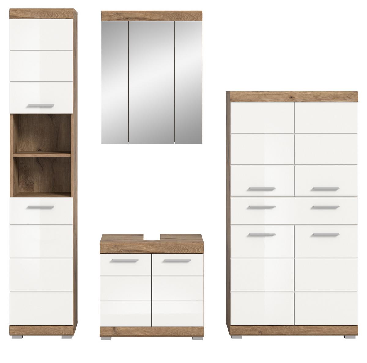 BADMÖBEL-SET weiß Hochglanz, Eiche 4-teilig 200 cm mit viel Stauraum - Weiß Hochglanz/Eichefarben, Glas/Holzwerkstoff (200/191/34cm) - Inn.Furn