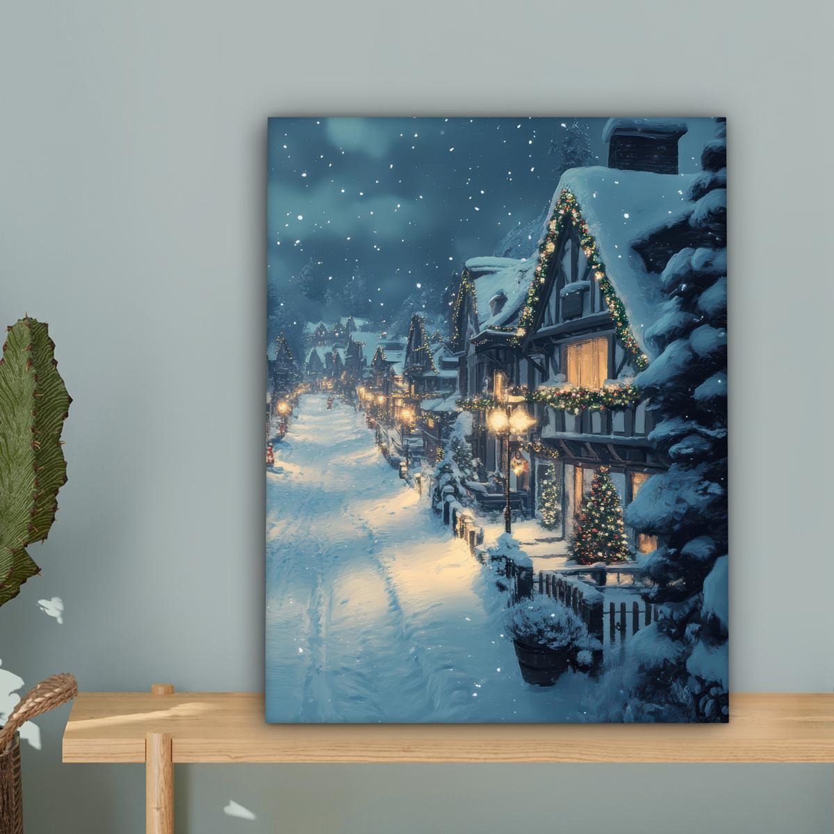 LEINWANDBILD Weihnachtsdorf - Weihnachten - Schnee - Winter Room Decor 30x40 cm - Dunkelblau, Textil (30/40cm) - MuchoWow