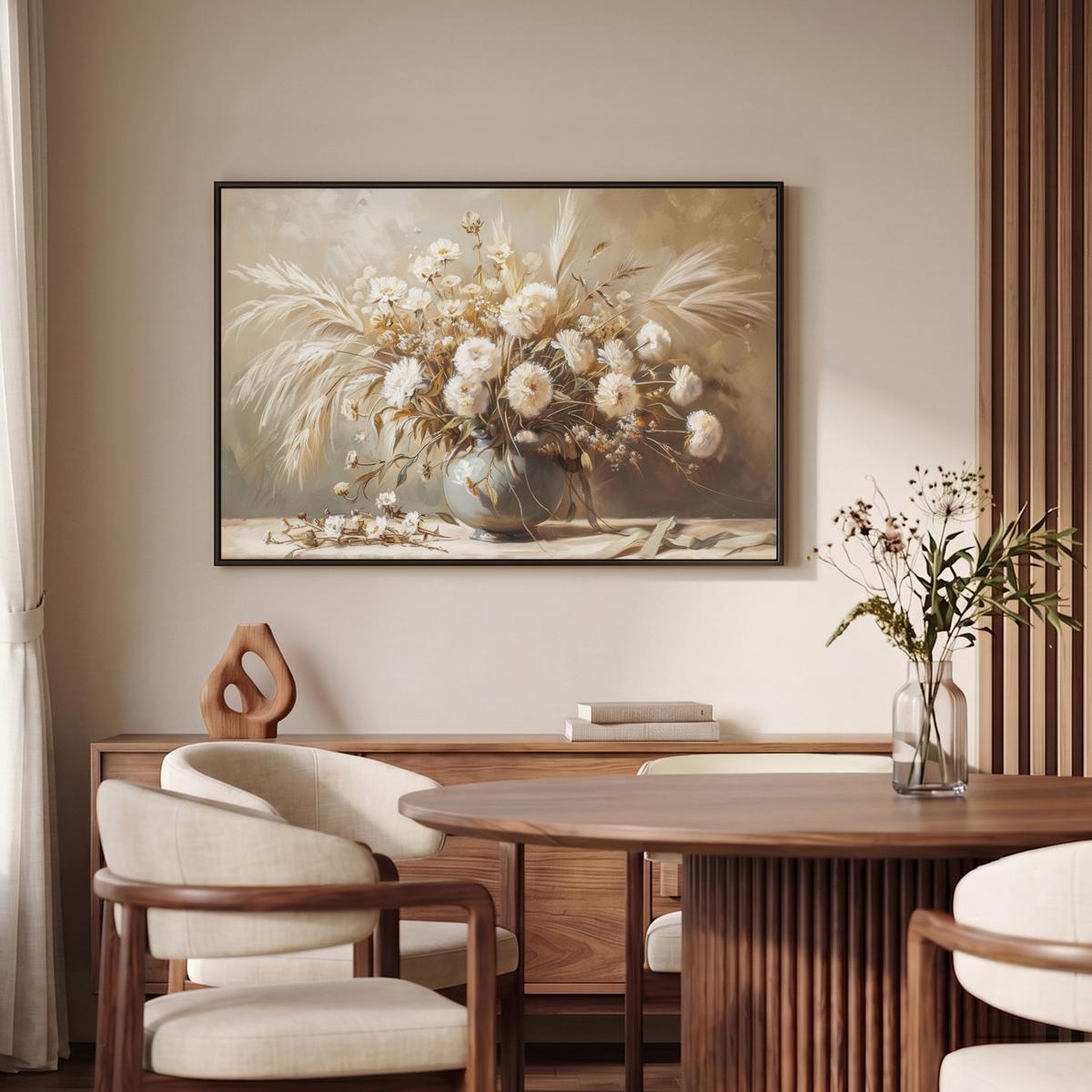 LEINWAND Bilder mit Rahmen - Blumen - Vase - Stilleben - Beige - 90x60 - Creme, Textil (90/60cm) - MuchoWow