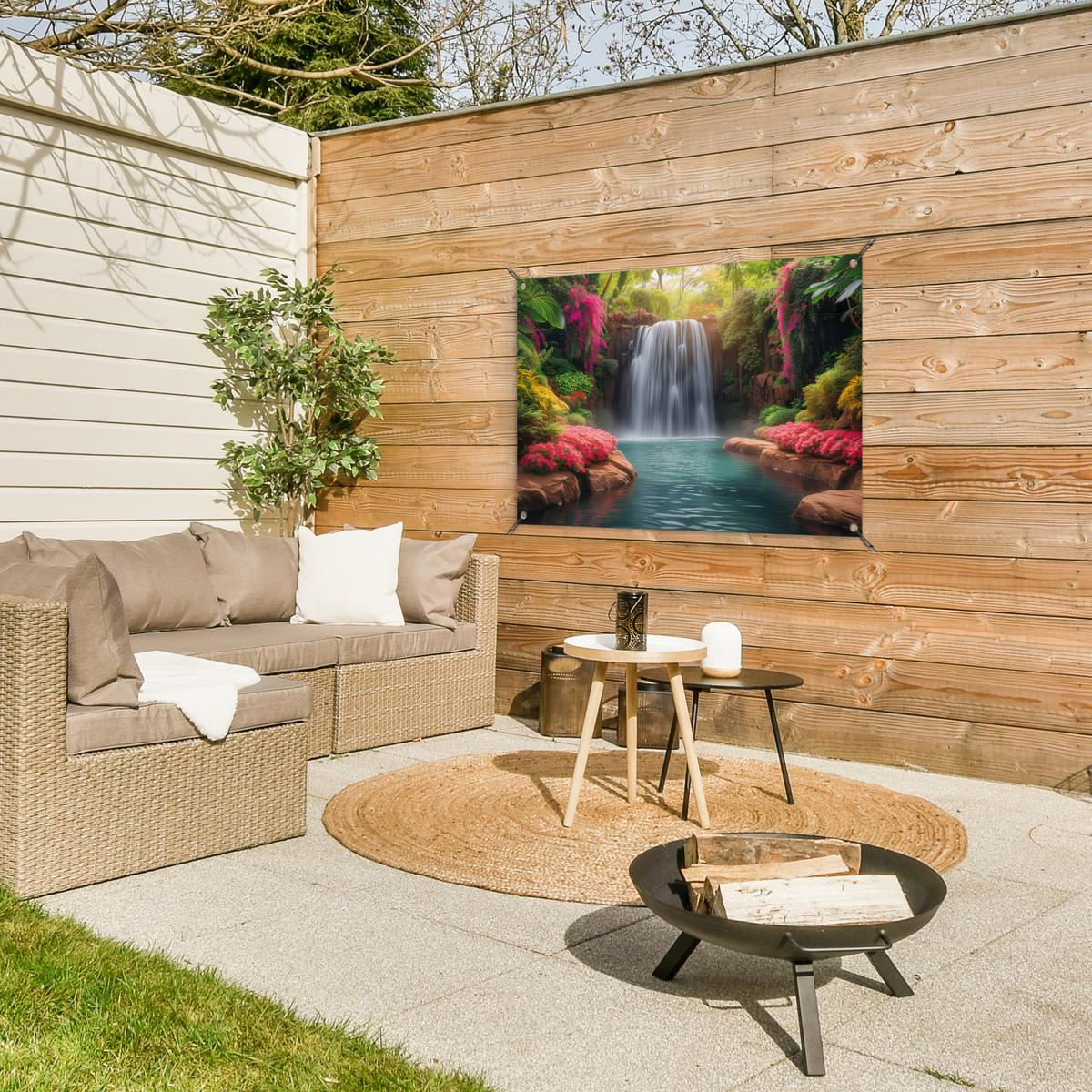 GARTENPOSTER Wasserfall - Natur - Pflanzen - Dschungel - Wasser Gartendeko 90x60 cm - Grün, Kunststoff (90/60/0.2cm) - OnlyWow