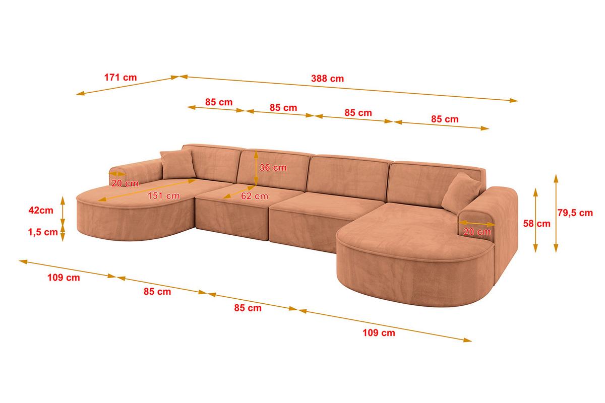 WOHNLANDSCHAFT MARI-U2 - 388x171x79 cm Orange Velours - Schwarz/Orange, Holzwerkstoff/Kunststoff (388/79/171cm) - ALTDECOR