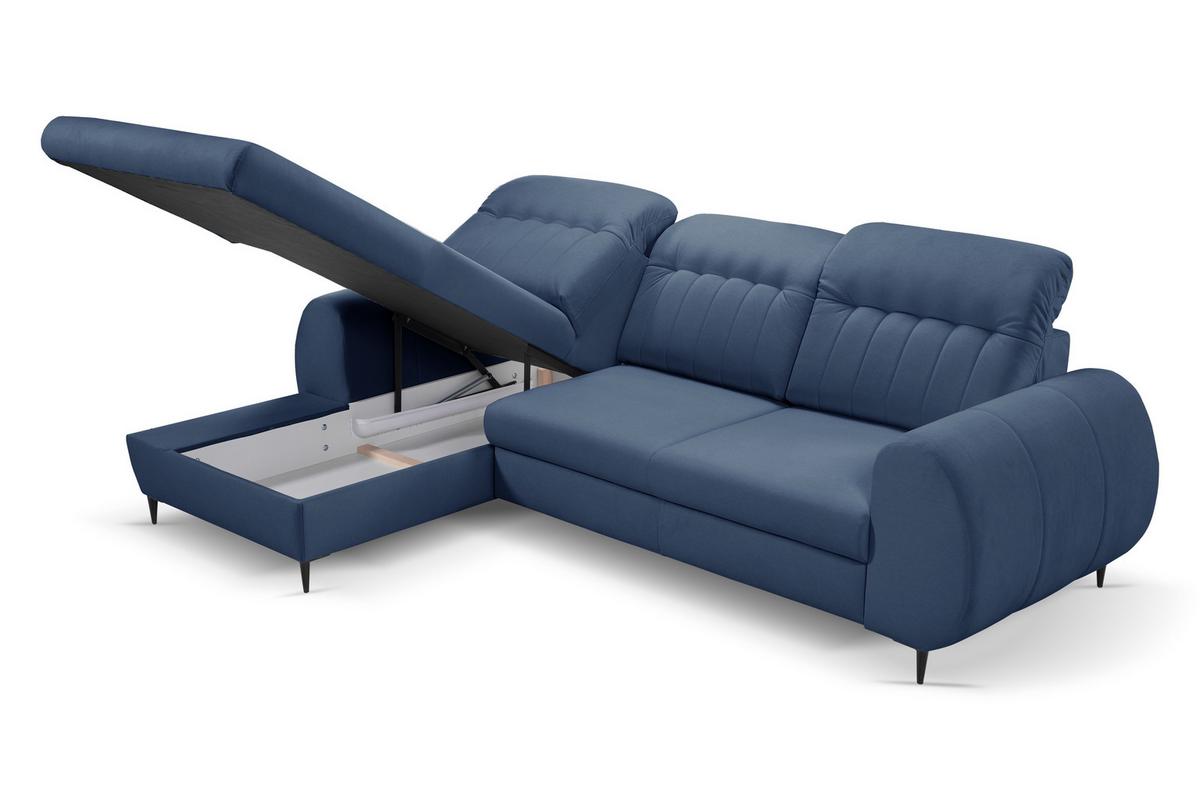 ECKSOFA PURO L-S Dunkelblau Plüsch-Stoff mit Schlaffunktion - Dunkelblau, Holz (275/166cm) - MASSENO