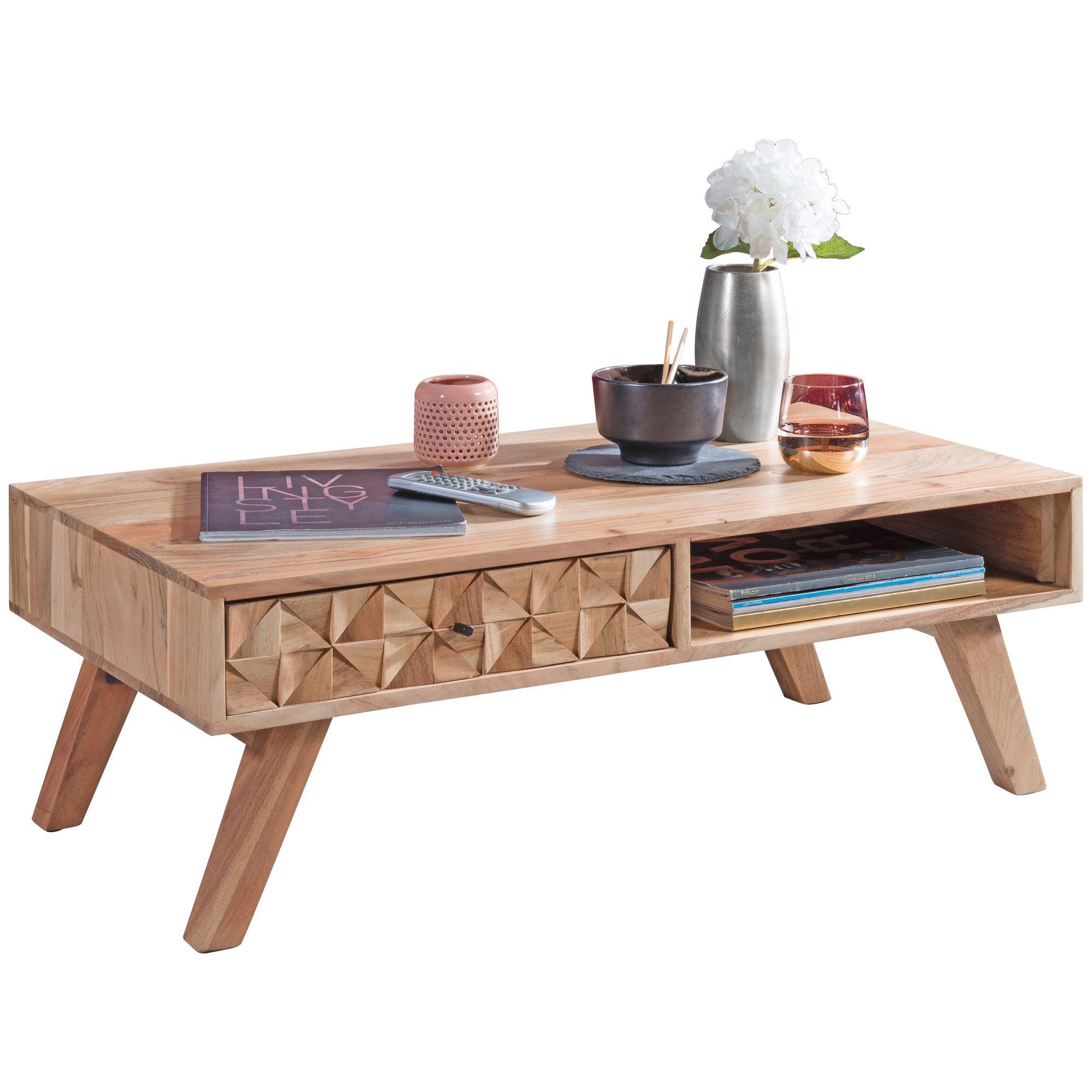 COUCHTISCH Akazie Massivholz mit Schublade 95x35x50cm Landhaus Braun - Akaziefarben, Holz (95/50/35cm) - KADIMA DESIGN