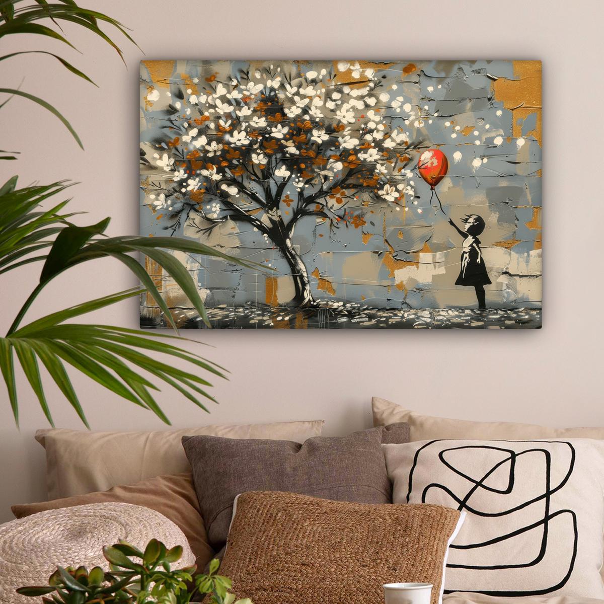 LEINWANDBILD Baum - Graffiti - Banksy-Stil - Ballon-Mädchen Gemälde 60x40 cm - Blaugrau, Textil (60/40cm) - MuchoWow
