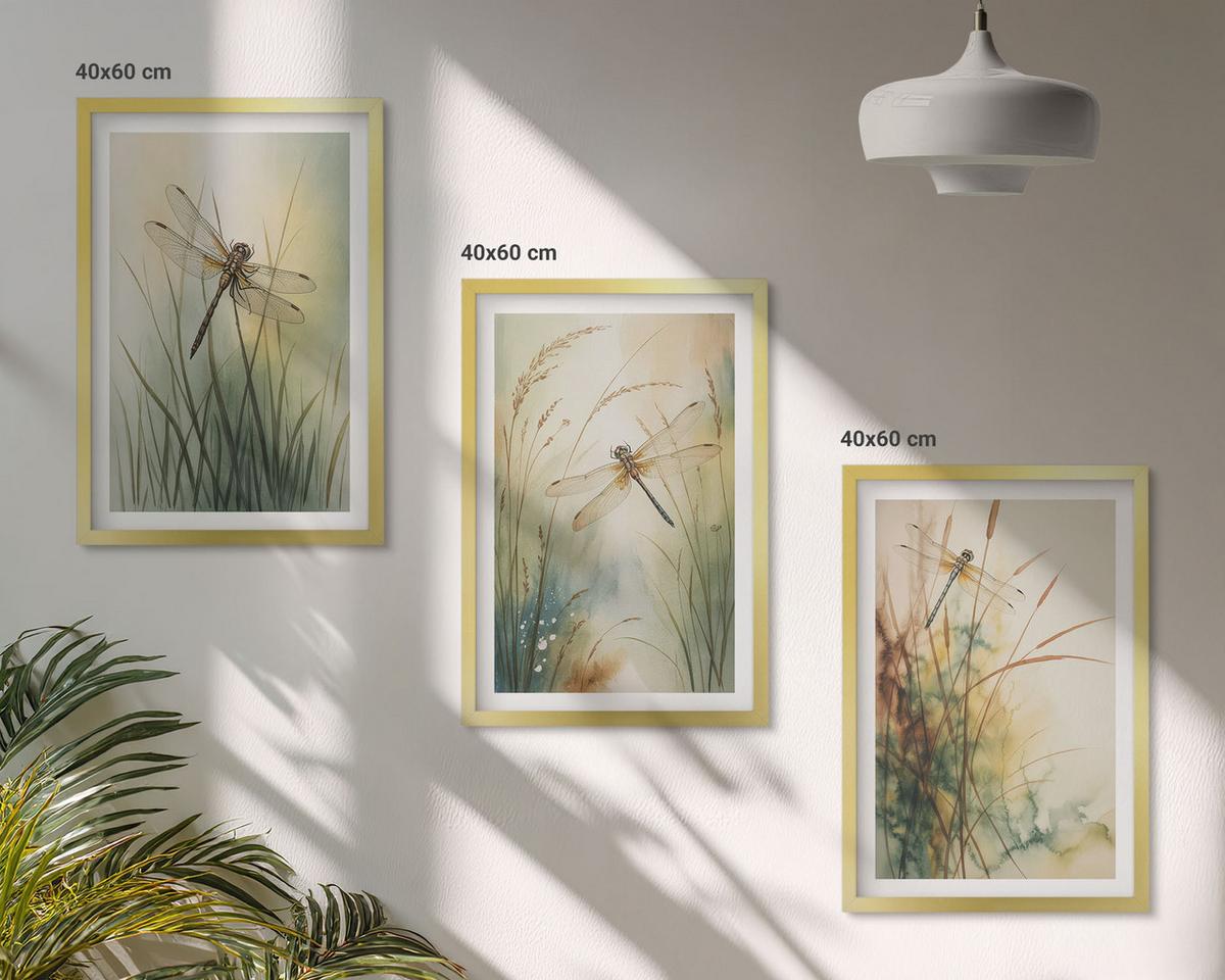 BILDER SET 3er Set - 40x60 cm Goldrahmen - Libellengräser über dem Wasser - Goldfarben, Kunststoff (40/60cm) - TULUP