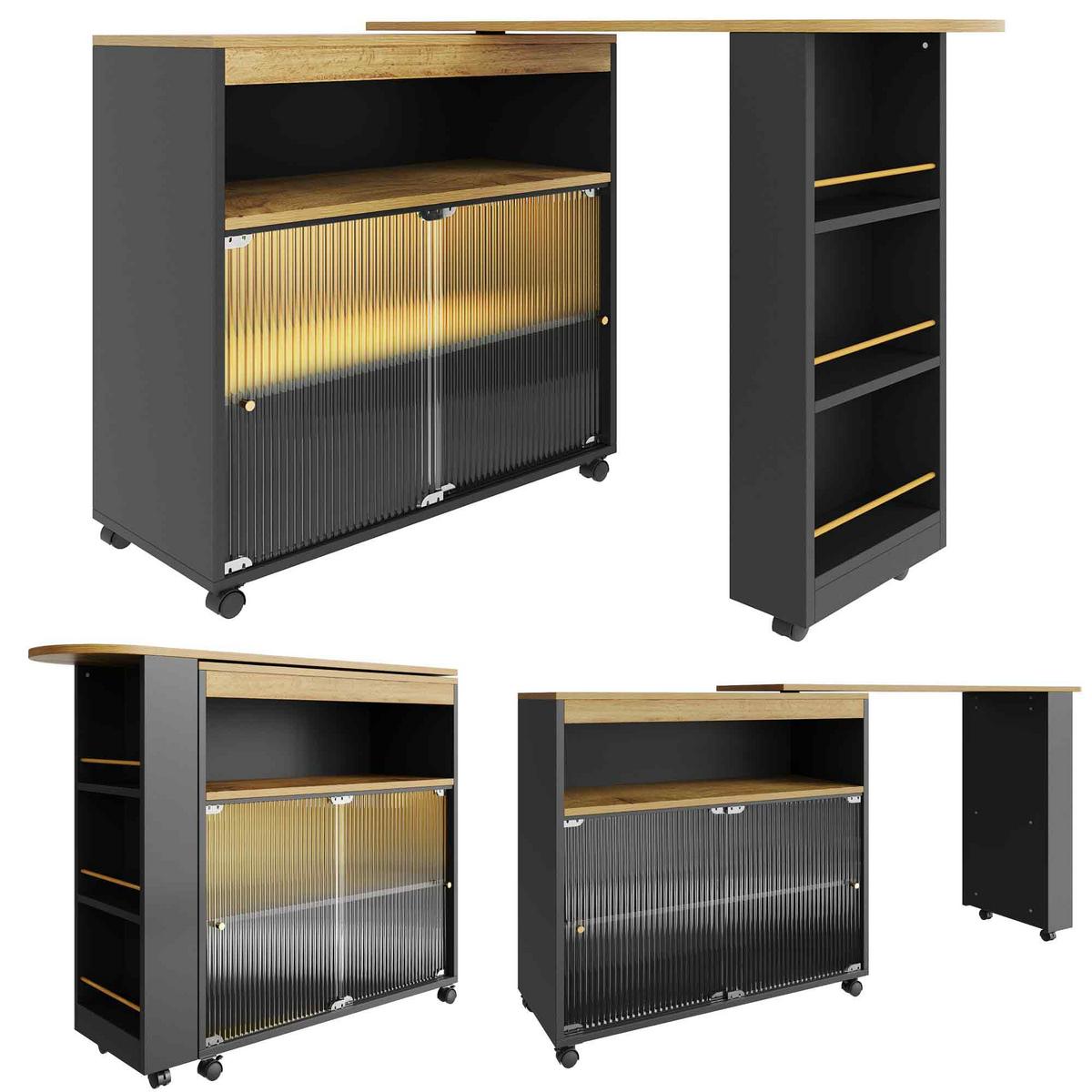BARTISCH ausziehbar mit led & rollen - Schwarz, Holzwerkstoff (39/138/105cm) - Urban Meuble