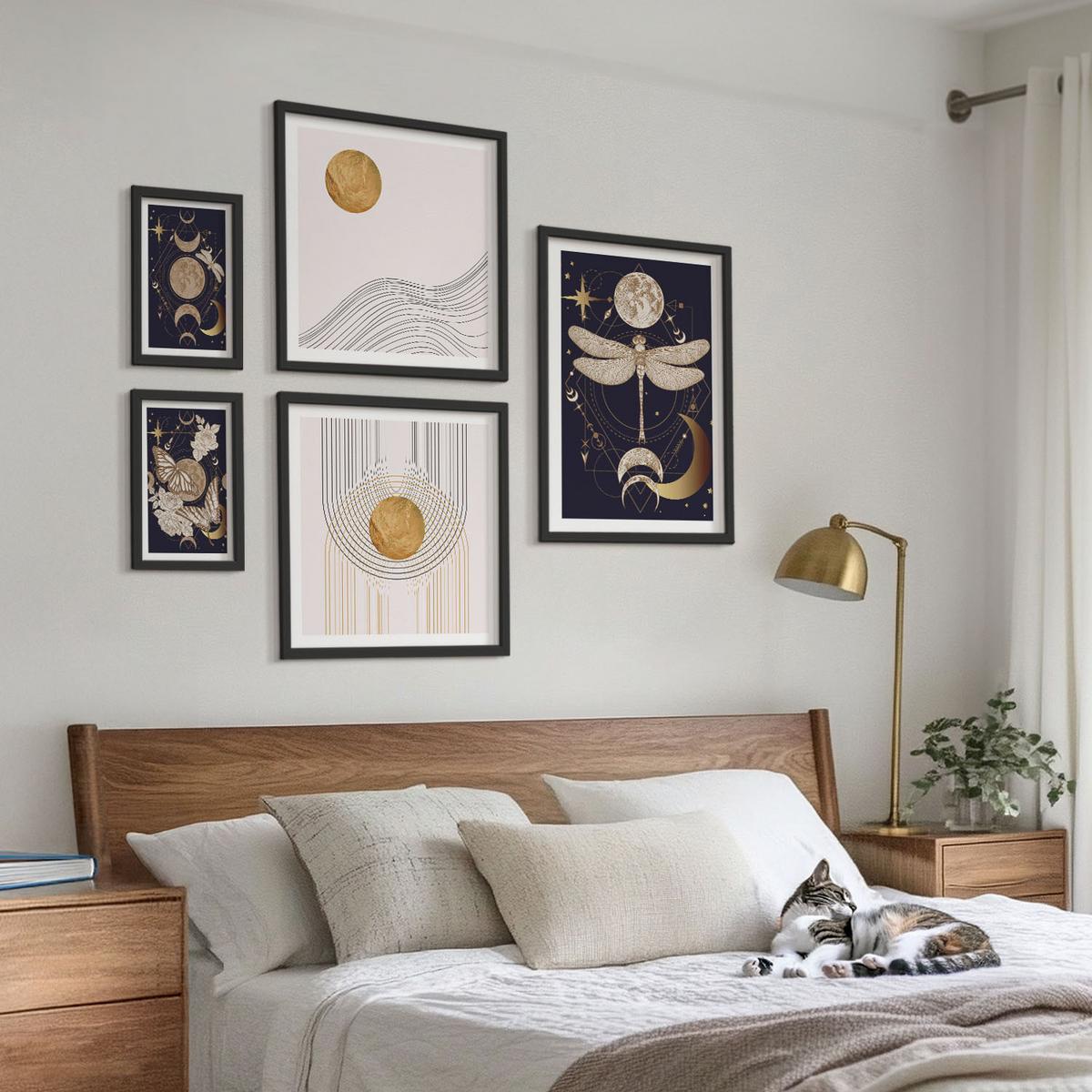 BILDER SET 5er Set - 50x50 cm & 20x30 cm & 40x60 cm Schwarzer Rahmen - Naturmotive mit dem Mond - Schwarz, Kunststoff (40/60cm) - TULUP