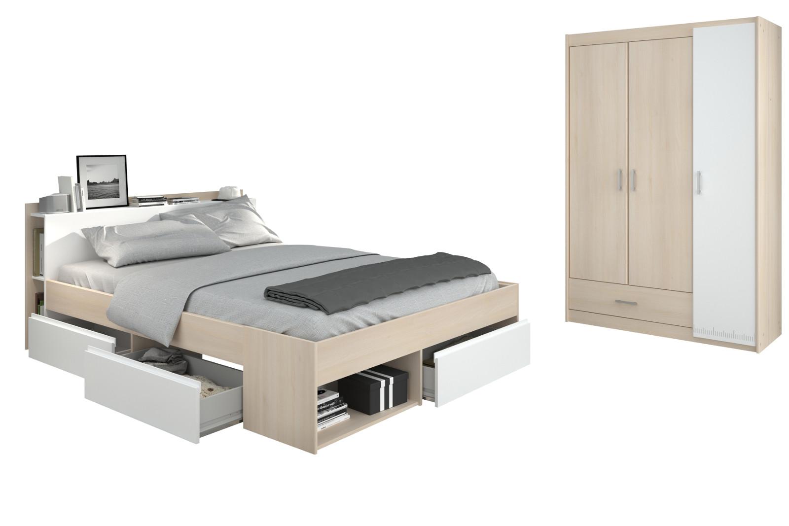 JUGENDZIMMER Set mit Stauraumbett 140x200 und Kleiderschrank - Silberfarben/Weiß, Holz/Holzwerkstoff (140/179/200cm) - Parisot Meuble