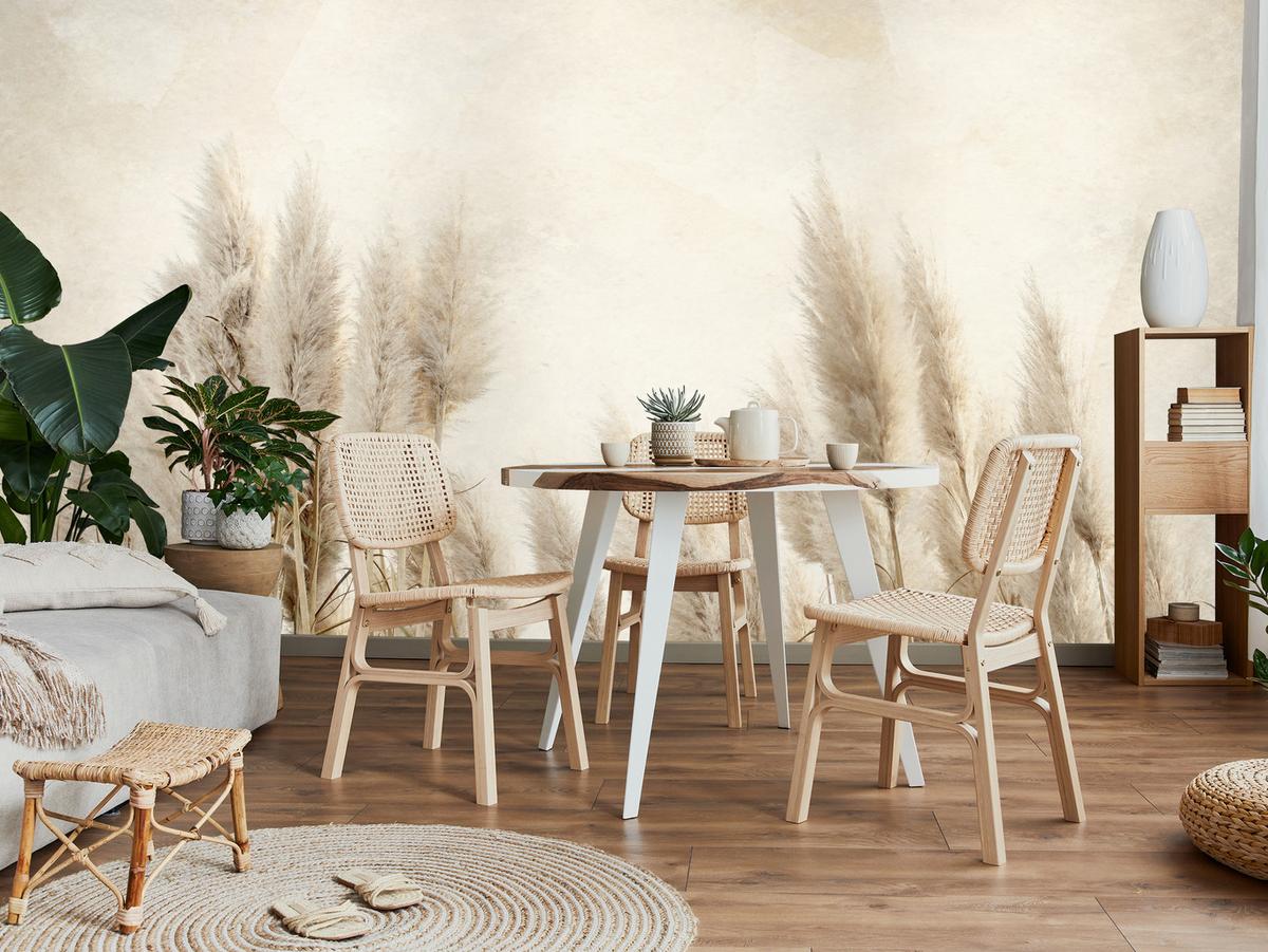 FOTOTAPETE für Schlafzimmer Boho Pampasgras Beton Pflanzen Vintage 150x105 - Beige/Braun, Papier (150/105cm) - Muralo